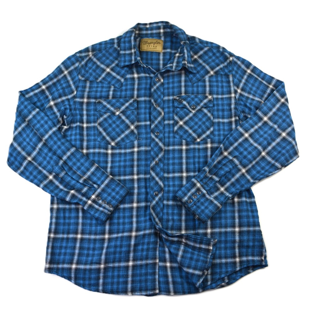 Wrangler Retro Mens Blue Plaid Western Pearl Snap Flannel Shirt XL‎ 112318774